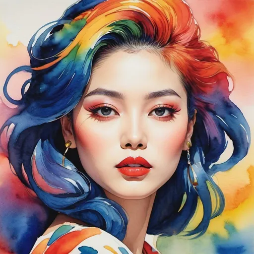 Prompt: 1990s watercolor, close-up portrait, otherworldly woman, vibrant lips, striking eyes, bold makeup, colorful hair, abstract background, high-detail, fashion, vibrant colors, conceptual art, ukiyo-e, portrait photography