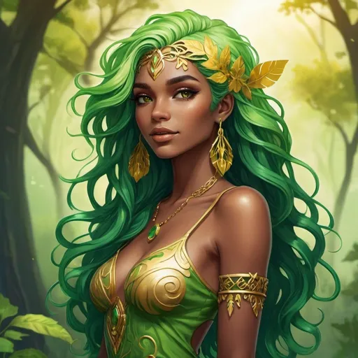 Prompt: Gaia Earth Goddess, 26, vibrant hair, nature background, highlighted silhouettes, role-playing game style, green and gold hair