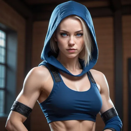 Prompt: Create a hyper-real portrait of a beautiful, fit woman in a sleeveless outfit. Perfect lighting highlights her toned abs and athletic build against a detailed background. Inspired by martial arts, she wears a blue ninja outfit with a haunting mask, hood, belt, boots, and gloves. Her pale skin and shoulder-length hair complete this striking image.