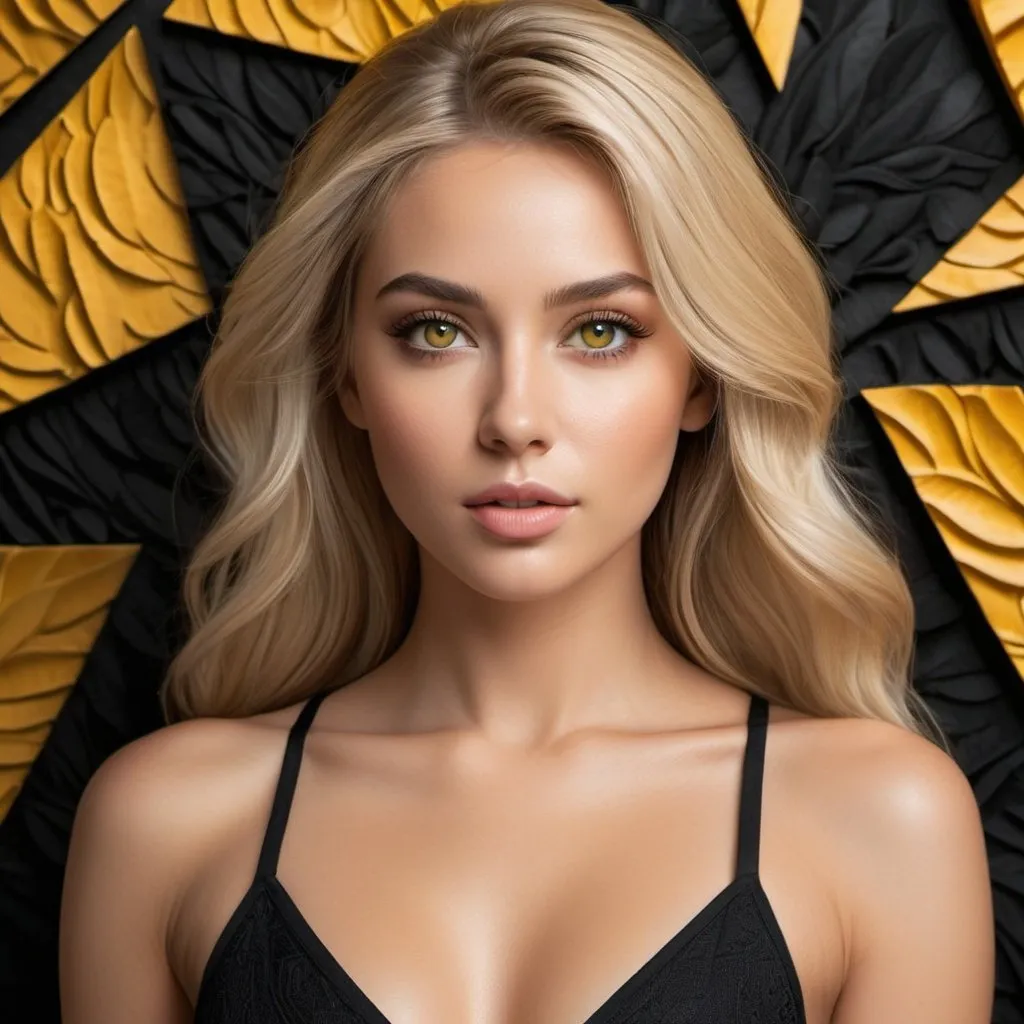 Prompt: A stunning 8K realistic wallpaper centers on a captivating woman with long blonde hair and mesmerizing yellow eyes, gazing directly at the viewer. Her upper body is adorned in a chic black crop top, revealing a subtle hint of skin, while her full-face blush adds a touch of elegance to her appearance. The hyperreal details, from the texture of her flowing hair to the intricate design of her top, create an immersive visual experience. Her confident yet inviting expression establishes an instant connection, making this wallpaper a striking and unforgettable addition to any space.

