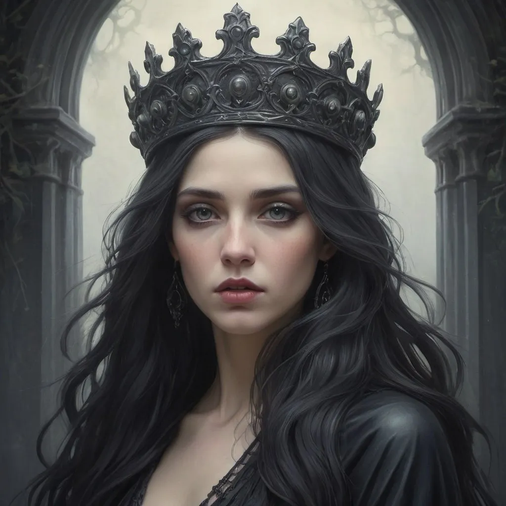 Prompt: Create a highly detailed 3D Gothic oil painting-style artwork featuring a long-haired woman with a crown, inspired by Persephone as the goddess of death. Use a dark fantasy art style, blending elements of Tom Bagshaw and Donato Giancola's works. Emphasize the intricate details of her appearance and the ominous atmosphere of the scene, capturing the haunting beauty and mystique of a powerful dark fantasy character in a hyper-realistic Art Nouveau-inspired composition.

