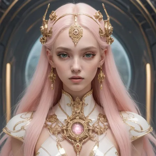 Prompt: Create a breathtakingly gorgeous futuristic goddess character adorned in ornate, fantasy-inspired semi-transparent white and gold clothing, reflecting a fusion of divine elegance and edgy Gucci-inspired fashion. Give her ethereal, long light pink hair accessorized with edgy metal hair clips, enhancing her otherworldly charm. Emphasize her soft, glowing aura and graceful posture, evoking an enchanting sense of power and beauty. Ensure intricate detailing and movie-quality design elements, crafting a captivating visual that blends futuristic fantasy and high fashion in a truly unforgettable character design.

