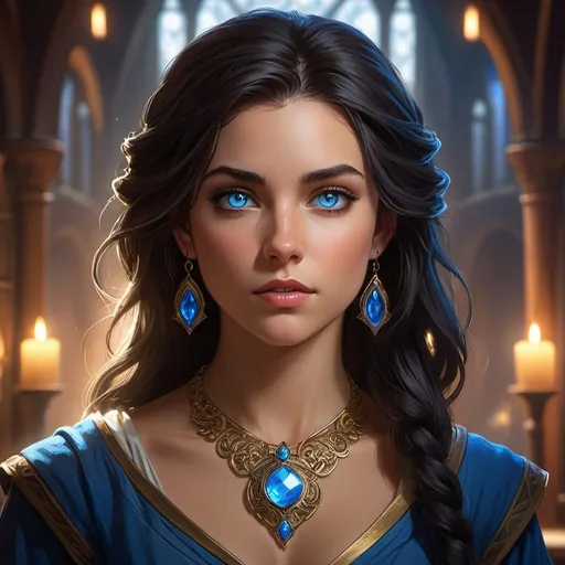 Prompt: Create a visually stunning digital illustration of a captivating D&D character: a determined young woman with intense blue eyes, dark hair swept to the side, and a large ornate necklace. Set in a blurred, atmospheric indoor environment, her expression reveals her inner strength and defiance, while a mark on her cheek hints at her intriguing backstory. Draw inspiration from video games and animated series to craft an intricately detailed character design that showcases her unique personality and role within the D&D universe.