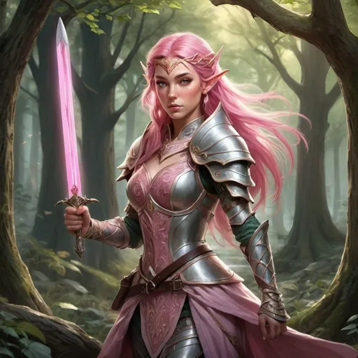 Prompt: Craft an epic fantasy card game art piece showcasing an alluring elf princess knight with pink hair in a magical woodland. Wielding a sword, capture her enchanting beauty and fierce determination as she stands ready for battle. Use rich colors and intricate details inspired by Magali Villeneuve's art style, emphasizing her elegance and strength. Create an immersive, high-quality 8k fantasy artwork that brings the character to life and suits a fantasy card game setting.

