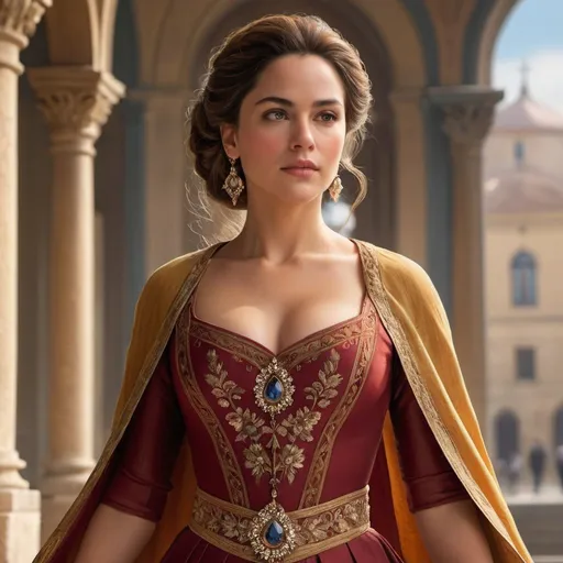 Prompt: Describe the character in the image, focusing on her physical appearance, clothing, and background. Specifically, what is the woman's body type and what are the dominant colors of her attire and the setting she is standing against? What elements in her design emphasize her strength and grace, and what features of her facial structure reveal her European ancestry?