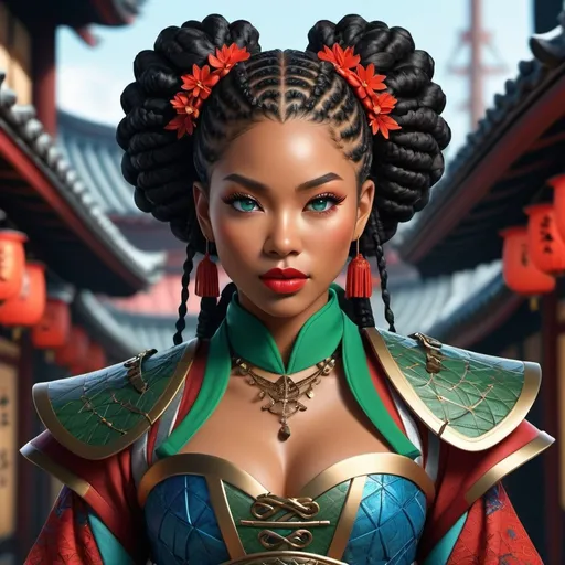 Prompt: Create a captivating digital artwork of an Afro-inspired female samurai with elf-like features. Design her with an afro hairstyle, blue eyes, and multi-toned hair transitioning from blonde to deep blue in braids. Add elven ears and blue scale-like skin patterns.
Dress her in a green corset and red checked garment, reflecting her confident posture. Utilize a blend of typography, painting, and 3D rendering techniques to immerse viewers in a striking illustration that showcases her strength and determination.
Incorporate elements of a samurai warrior and urban samurai aesthetic, blending traditional and contemporary techniques. Set the scene in a unique environment with a vagabond-like atmosphere that emphasizes her role as a skilled samurai.