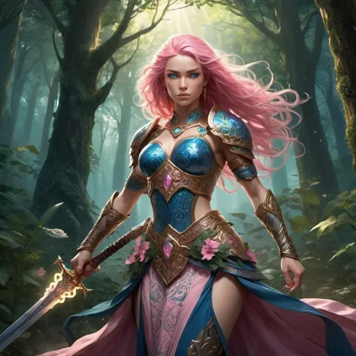 Prompt: Craft a detailed concept art featuring a powerful female warrior character with flowing pink hair, striking blue eyes, and an elegant dress adorned with intricate patterns and golden embellishments. Arm her with an ornate, enchanted sword radiating magical energy, signifying her prowess and mystical abilities. Set the scene in a fantastical, lush forest with vibrant foliage and a soft, atmospheric lighting that highlights the character's beauty and strength. Capture the character's determination and grace in her stance, as she prepares to face any challenges that lie ahead, wielding her sword with unwavering confidence.