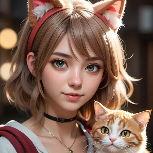 Prompt: Create a hyperrealistic portrait of a young woman with cat ears, capturing the charm and playfulness of the anime and manga trope. Focus on expressive facial features, cat ears with fur texture and shading, flowing hair with highlights and shadows, and a vibrant outfit with cute accessories. Employ a soft color palette and lighting to create a sense of depth and dimension, inviting viewers into an enchanting and lighthearted atmosphere.
