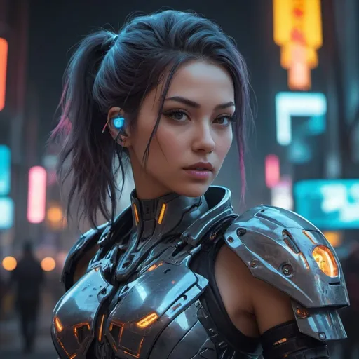 Prompt: Create a mesmerizing cyberpunk character design featuring a woman in futuristic armor, standing before a vibrant neon sign. Combine elements of the Knights of the Zodiac with mecha cyber armor and mechanized Valkyrie themes. Capture the essence of a powerful cyberpunk goddess, showcasing her anger and beauty in a highly detailed 3D rendered character art. Ensure an 8k quality with a balanced composition, focusing on the character's unique cyber armor, necromancer influences, and her role as a commanding cyborg queen. Emphasize intricate details and vivid colors for a visually captivating blend of cyberpunk and mythological elements.

