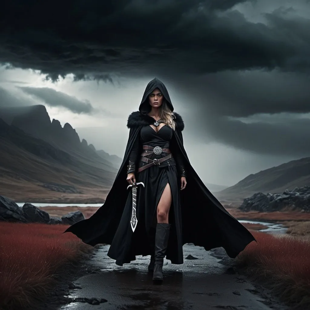 Prompt: Dark Valkyrie's Wrath
Setting: A haunting, stormy landscape with an eerie, ominous atmosphere.
Central Figure: An evil Viking woman wearing a black, hooded cloak adorned with menacing symbols, wielding a blood-stained battle-axe.
Composition: A powerful stance with a sinister expression, emphasizing her malevolent nature and imposing presence amidst the dark setting.
Color Palette: Dark, muted tones with dramatic, eerie lighting from the stormy sky accentuate the chilling atmosphere.
Style: A striking, high-quality photo blending elements of cinematic storytelling and portraiture to create a captivating and intense scene.