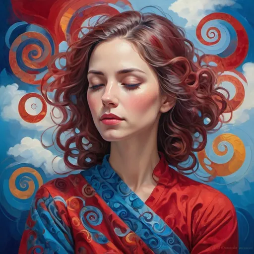 Prompt: Paint a vivid and enchanting portrait of a contemplative woman with her eyes gently closed, wearing a captivating red and blue dress. Surround her with a symphony of colorful swirls and shapes that represent her complex thoughts and emotions. Set the scene against a tranquil blue background with delicate cloud patterns to evoke a dreamlike atmosphere, inviting viewers to connect with her profound inner world.

