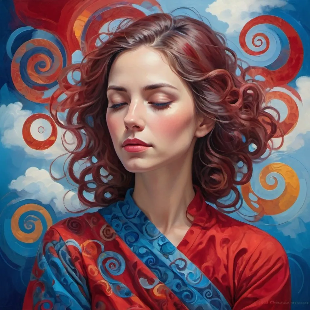 Prompt: Paint a vivid and enchanting portrait of a contemplative woman with her eyes gently closed, wearing a captivating red and blue dress. Surround her with a symphony of colorful swirls and shapes that represent her complex thoughts and emotions. Set the scene against a tranquil blue background with delicate cloud patterns to evoke a dreamlike atmosphere, inviting viewers to connect with her profound inner world.

