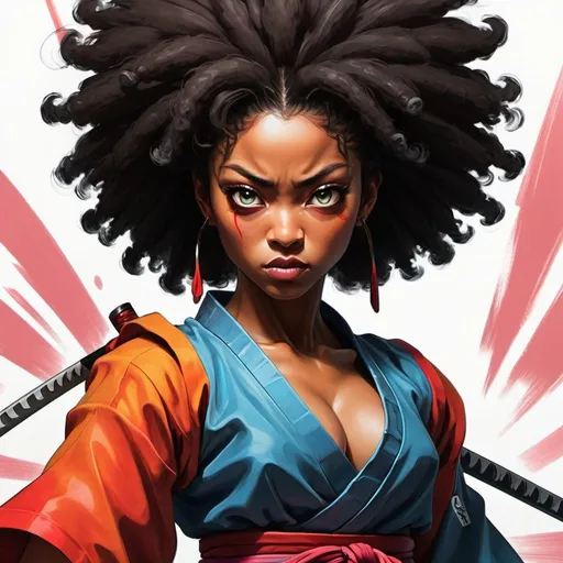 Prompt: an afro female samurai with big, vibrant anime-like eyes, styled after the dynamic anime art of Akira Toriyama, radiating power and confidence, showcasing her fitness and strength. The scene is captured in a digital painting with bold brushstrokes and vivid colors, blending traditional samurai attire with modern fashion elements. The samurai embodies a warrior spirit, fierce and determined, reminiscent of a high-impact comic book character, using exaggerated proportions and dynamic poses, surreal colors, and thick outlines.