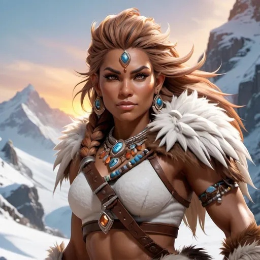 Prompt: Create a photorealistic female yeti warrior for a DnD campaign. She has a muscular build, wears a rusty breastplate revealing her abs, and is adorned with bracelets and jewelry made of natural materials and gems. Set her against a snow-capped mountain range, her hair and fur glowing in the sunset, reflecting her mythical origins and untamed power.