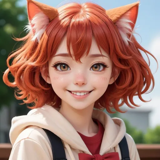 Prompt: A stunningly cute and kawaii anime catgirl with an adorably moe aesthetic. She has a youthful, round face with big expressive eyes, a button nose, and full smiling lips revealing her petite fangs. Her fiery red hair flows in stylized waves and curls, with a pair of perky red cat ears protruding cutely atop her head.
The catgirl's expression is one of pure joy and happiness as she smiles brightly directly at the viewer/camera. Her head is tilted ever so slightly in an endearing way. Delicate blush accents her cheeks, complementing her creamy fair skin tone.
Render this adorable redheaded anime nekogirl in an extremely detailed and polished anime art style akin to professional character illustrations. Use intricate linework, vibrant saturated colors, dynamic highlights and shadows to bring out her moe charm.
The background could be a simple bright color gradient or subtle colorful pattern to keep the focus squarely on the catgirl's enchantingly cute face and expression.
Capture the pinnacle of infectious anime girl charm and adorableness in this portrait of a beautiful, smiley redheaded catgirl. The overall style should strike the perfect balance of realism and idealized anime moe aesthetics.