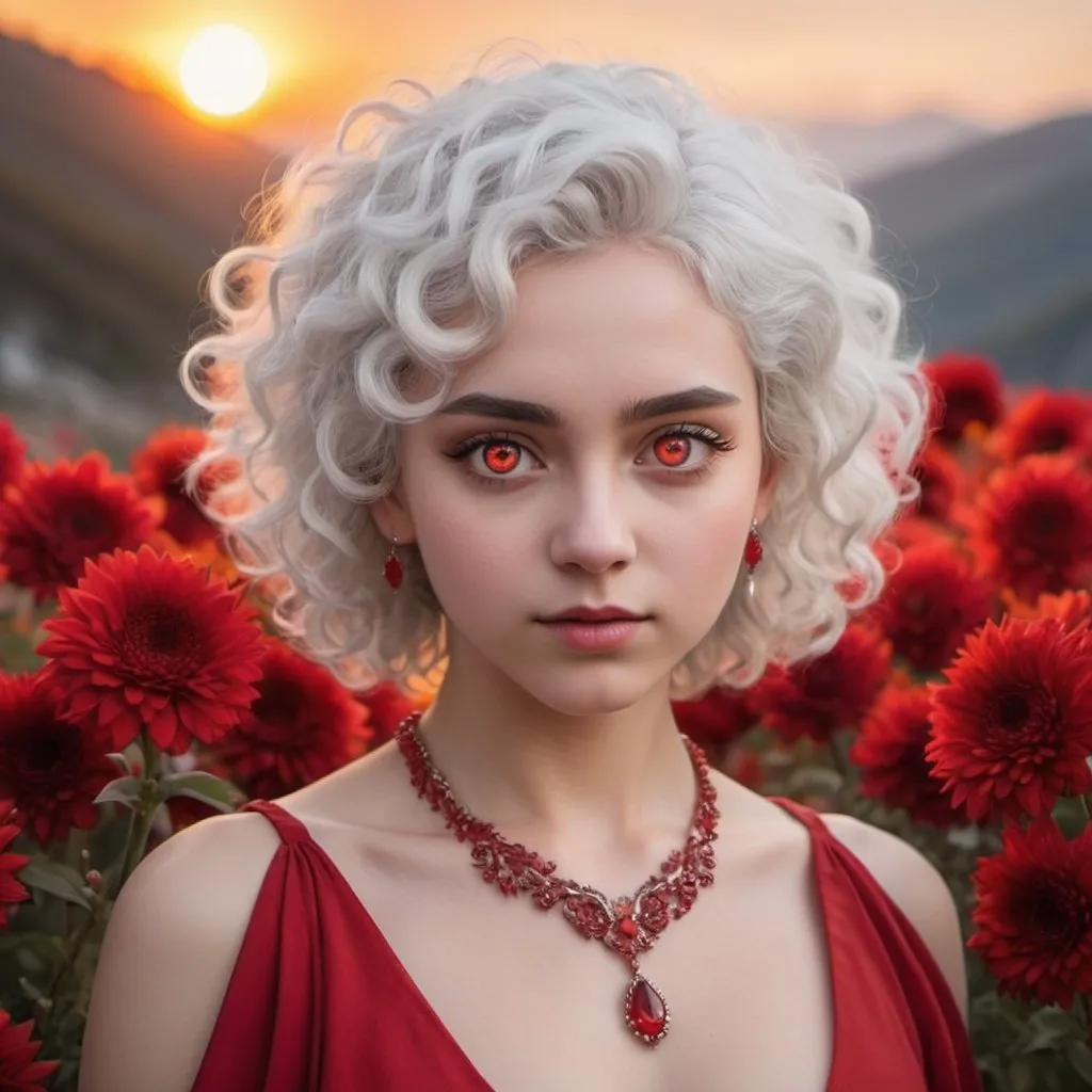 Prompt: ((very very curly hair, short white hair)), ((bright red eyes, ruby red eyes)), fierce eyebrows, (fire, flames), ((sunrise, dawn)), ((the beginning of spring, flowers blooming)), red low-cut dress, diamond necklace, she is strong, she is young, she is an aries, 🐏🔥🔴⚪️, r1ge, fairy, faecore, detailchi