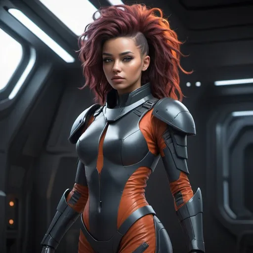 Prompt: Create a hyper-realistic, dark fantasy female character with bold colors, Feathered hairstyle, and a hot space war suit. Set against a minimalist empire statue backdrop, focus on hyper-realistic textures, dramatic lighting, and a striking color palette. Render her confidently with clean lines, portraying a stylish, self-assured, and tyrannical goddess of beauty and charm in a futuristic, war-torn setting.