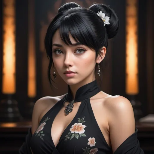 Prompt: Create an 8K masterpiece of a solo, plus-sized anime girl inspired by Orihime, sitting in a dynamic pose. Surround her with a dark fantasy atmosphere, featuring a black dress with intricate patterns revealing her back and shoulders. Accessorize with a silver hair flower and bracelet, accentuating her black hair styled in bangs and a high bun with sidelocks. Capture an intense gaze towards the viewer and a subtle glance towards her shoulders. Use vibrant colors, cinematic lighting, and depth of field to enhance the dark, mysterious background. Focus on realistic details and fashion elements, creating a visually striking composition with a high-quality, ultra-fine illustration style.
,detailchi