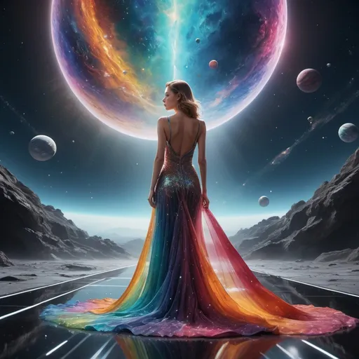 Prompt: This ultra-high-definition artwork features an expansive interstellar space background, serving as an eternal fashion podium that extends into the depths of the universe. The low-angle view captures an elegant woman model walking the runway, as colorful, shiny, and crystal-clear elements intertwine with mystery, science fiction, and surrealism. This super-clear, pixel-perfect image showcases its ultra-fine details in stunning 8K resolution and 5D quality, providing an extraordinary visual experience that transports the viewer to the realms of high-dimensional space and cosmic elegance.

