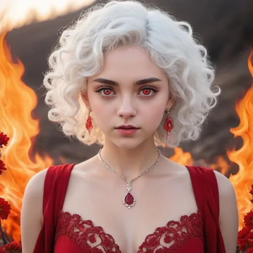 Prompt: ((very very curly hair, short white hair)), ((bright red eyes, ruby red eyes)), fierce eyebrows, (fire, flames), ((sunrise, dawn)), ((the beginning of spring, flowers blooming)), red low-cut dress, diamond necklace, she is strong, she is young, she is an aries, 🐏🔥🔴⚪️, r1ge, fairy, faecore, detailchi