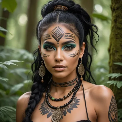 Prompt: Earthly woman, wild black hair, expressive eyes, tribal facepaint, lush forest, strong connection to nature, toned physique, fashionable attire, hidden tattoo, detailed portrait, artistic vision, powerful woman, rooted in ancient wisdom