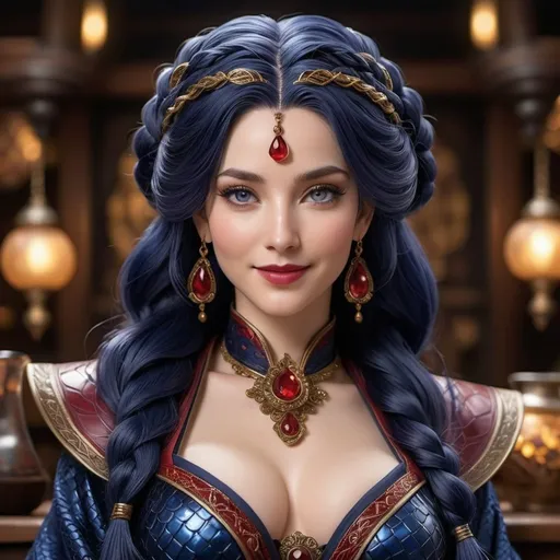 Prompt: A pale, snakeskin woman with violet-red eyes and full lips, often smiling coldly. She has dynamic, intricately braided midnight blue hair adorned with shimmering gems. Her large cleavage is accentuated by form-fitting crimson and ebony robes with a decorated bodice featuring arcane sigils. Set in a hyper-detailed tavern, this masterpiece is best quality, high-res, extremely detailed, 8k, and photography-like.