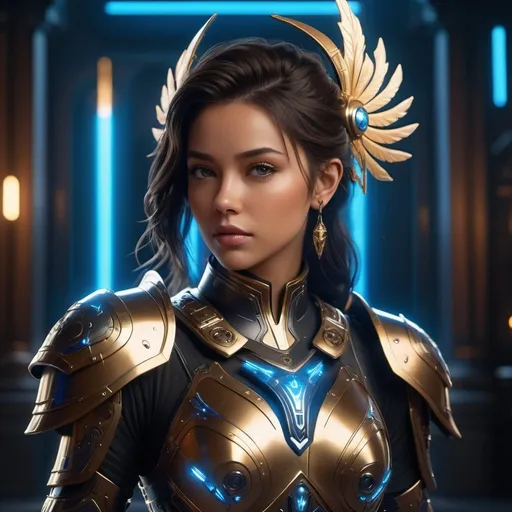 Prompt: In this striking digital artwork, a young woman commands attention as she stands in a posture. Clad in intricate black and gold armor, her powerful presence evokes the image of a goddess or a female paladin. The centerpiece of her armor is adorned with dazzling jewels, while a gold headpiece sits atop her long, dark hair.
Illuminated by the mesmerizing glow of blue neon lights, the futuristic fantasy setting enhances the atmosphere of the scene, further accentuating the woman's otherworldly beauty. With a sword at her side, she embodies the strength and grace of a skilled warrior, ready to face any challenge.
This gorgeous rendering, reminiscent of Wojtek Fus's work and inspired by the Knights of the Zodiac, presents a captivating portrait of a woman who effortlessly blends feminine allure with undeniable might. Crafted in Unreal Engine, this unique mecha cyber armor-clad character invites the viewer into a realm where technology and mysticism intertwine.