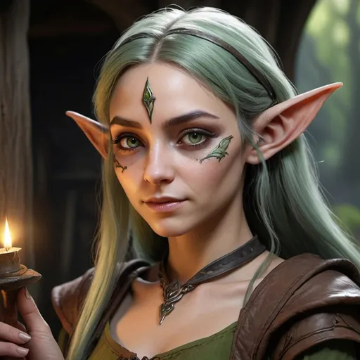 Prompt: Craft a hyper-realistic rural elven character with bold colors and a mysterious black line on her forearm, symbolizing a goblin's prophecy. Set in her rustic village, emphasize vivid details, textures, and lighting. Create a hauntingly beautiful appearance blending elven elegance with a dark undertone. Design her in modest farm attire, exuding an unsettling destiny.

