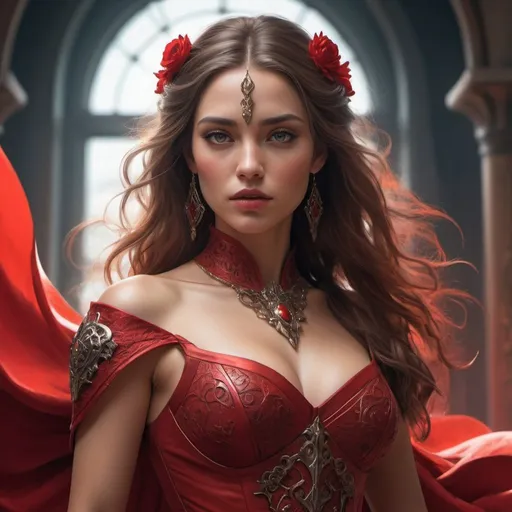 Prompt: Create an enchanting 8K masterpiece featuring an arafed woman in a striking red corset and flowing red dress, combining the art styles of Karol Bak, Alena Aenami, and Artgerm. Set in a fantasy world, render the scene with dynamic angles, depth of field, and cinematic lighting to highlight the character's beauty and intricate attire. Ensure UHD quality and hyperrealistic details for a high-quality, detailed artwork that exudes a sense of wonder and magic.
Showcase the woman's gorgeous features and attire, incorporating elements of fantasy and realism to bring the piece to life. Draw inspiration from Julie Bell, Beeple, and the concept of a lady in red armor, blending elegance and strength in this captivating and visually stunning character portrayal.