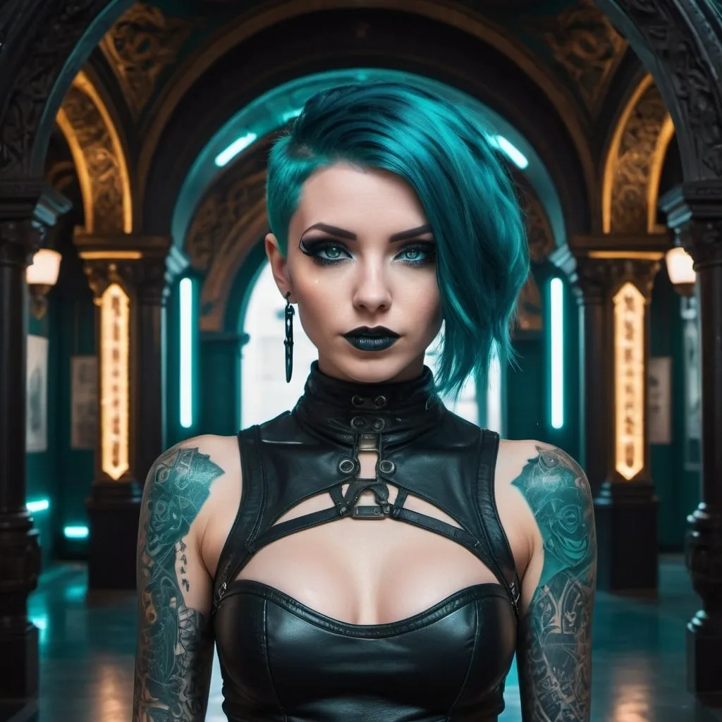 Prompt: This captivating woman embodies a cyberpunk aesthetic. Her bright teal hair and prominent tattoos contrast with her dark, dramatic makeup and black leather top. Standing in front of an ornate, illuminated archway, she exudes confidence and allure, inviting the viewer into her dark, futuristic world where beauty and technology converge.

