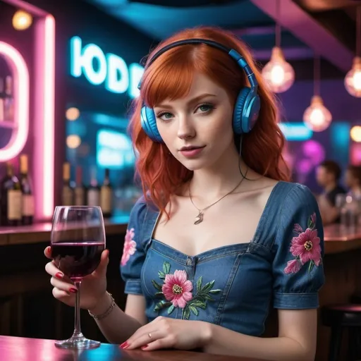Prompt: Create a captivating, cinematic photograph of a young red-haired woman in a bright, futuristic setting, possibly a nightclub. Dress her in a semi-transparent floral embroidered top, blue denim skirt, and pink headphones. Accessorize with statement jewelry to complement her outfit. Capture her holding a glass of red wine, immersing the viewer in the vibrant atmosphere of the scene. Use neon lights in pink, blue, and purple tones to illuminate the background, highlighting the bar setting, and enhancing the overall sense of fashion and youth culture.

