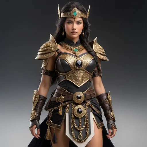 Prompt: A powerful, enigmatic female warrior wears a visually striking costume with mystical and cursed elements. It features a chain with ethereal charms, a cord granting eternal struggle, black gem-encrusted links for foresight, a bronze belt for battle prowess, an iron waistband for determination, a golden cord for leadership, an ivory band for elemental abilities, a waistguard for perseverance, and an enchanted band for noble lineage. Earthy and ethereal colors, contrasting textures, and materials emphasize her complex nature.