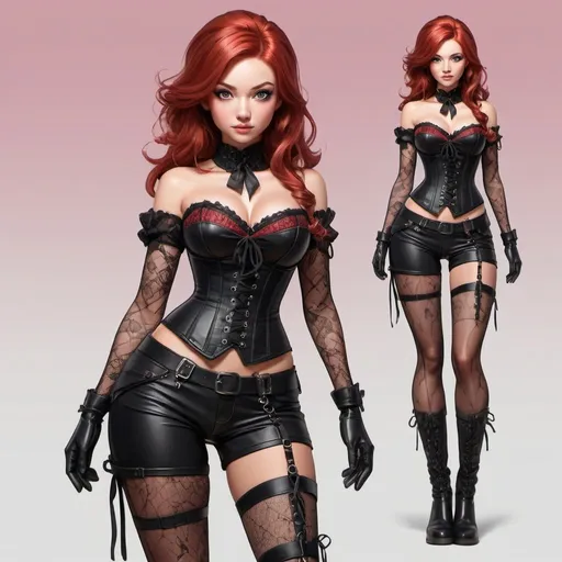 Prompt: Create a stylized hyper realistic female character design featuring a red-haired woman with captivating eyes. Adorn her in a black corset with lace-up details, thigh-high boots, and fishnet stockings for a striking, edgy appearance. Set her against a gradient background that transitions from pink to brown, creating a visually appealing contrast with her bold outfit. Ensure a dynamic pose that showcases her vibrant personality and readiness for adventure, reflecting her versatility as a character suitable for various genres. Emphasize intricate details in her attire and hairstyle, drawing inspiration from contemporary anime styles to develop a unique and memorable animated adventurer character design.