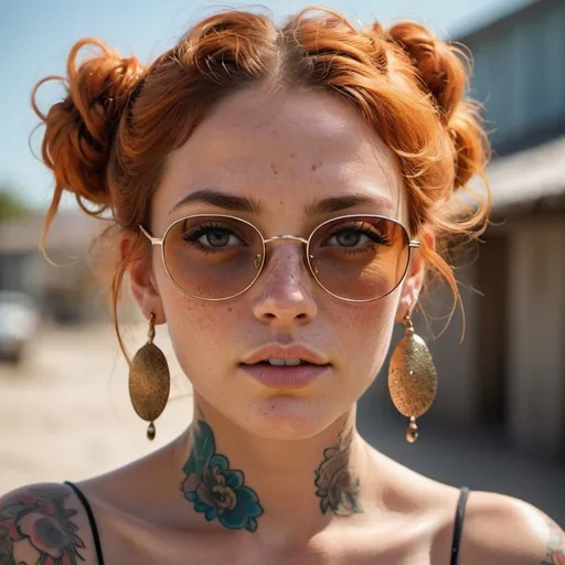 Prompt: A striking portrait photograph of a unique female character with a multitude of freckles and vibrant tattoos adorning her sunkissed skin. She sports oversized round-rimmed, bright, sunglasses, her wavy amber hair styled in two tousled buns with a few loose strands framing her face. Her expressive eyes are slightly downcast, and her full lips convey a serene and contemplative expression. The character dons a stylish halter-neck top adorned with fringe details, emphasizing her neckline and clinges to her wet, ample endowments. Her pose is turned to her left, offering a captivating side profile, with the photograph's focus on her captivating facial features., portrait photography, photo,detailchi