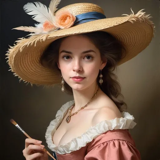 Prompt: Create a reimagined portrait inspired by Élisabeth Vigée Le Brun's 'Self-portrait in a Straw Hat,' depicting a graceful woman in a feathered hat holding a paint palette. Use soft, flattering brushstrokes and focus on the effects of light and shadow, especially on the subject's neck and décolleté. Incorporate symbolic elements like the Rococo-inspired attire, straw hat, and painting accessories. Pay attention to facial expressions and capture the elegance, sophistication, and modern spirit of Vigée Le Brun's work. Experiment with traditional or digital techniques to breathe new life into this 18th-century masterpiece.
