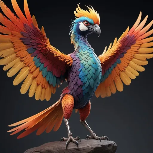 Prompt: Create a hyperrealistic and vividly colored character design featuring a bird-like humanoid creature with intricately detailed feathered wings spread wide and a gleaming, sharp beak. Ensure a muscular physique to emphasize its extraordinary strength and agility, highlighting its ability to dominate both the skies and the ground. Portray the creature in a dynamic pose, standing on one leg with the other raised, as if on the verge of a powerful strike or about to take flight.
Set the creature against a minimalistic, brightly-hued background that showcases the vibrant colors of its feathers and enhances the hyperrealism of its form. Capture a contemplative or anticipatory expression in its piercing eyes, lending an air of intelligence and mystique to this mythical avian creature design. Ensure an explosion of colors and intricate details in every aspect of the character, from its feathers to its scaled feet, creating a visually captivating and unforgettable hyperrealistic rendition of a legendary creature.