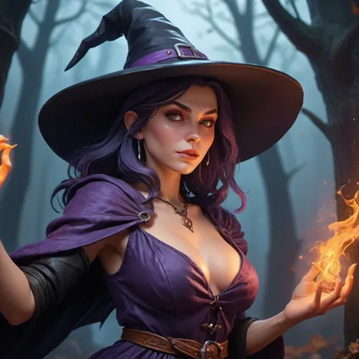 Prompt: D&D character, extremely detailed CG, high resolution, best quality, best masterpiece, super fine illustration, vibrant colors, official art, 8k wallpaper, dynamic depiction, dynamic angle, dynamic pose, depth of field, cinematic lighting / one beautiful female witch
