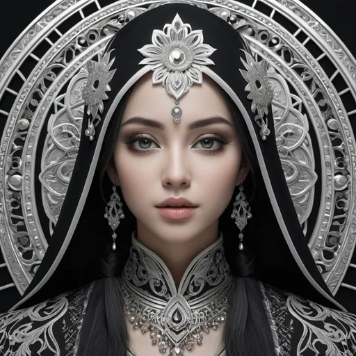 Prompt: This striking monochromatic masterpiece is a stunning close-up portrait of a woman's face, meticulously crafted with intricate details that weave together a tapestry of mesmerizing patterns. The 3DCGI anime fantasy artwork, combined with elements of necro design, results in a dark and enchanting aesthetic that captivates the viewer. Her skin is adorned with an abstract, fragmented pattern, drawing the eye to the symmetrical beauty of her facial features.
Her impressive eyes are a focal point, imbued with a mix of intensity and depth that is further enhanced by the reflective properties of the silver painting technique used in this 3D rendering. The mixed media approach adds layers of complexity, contributing to the harmonious composition and overall impact of the piece.
The high quality and resolution, coupled with a keen attention to detail, result in an incredibly accurate representation of this gothic character. Realism is achieved through proper lighting settings, color correction, and the application of ambient occlusion rendering techniques. This masterpiece stands as an exemplary work, fitting for inclusion in the Behance portfolio, and showcases the skillful blending of ct-niji2, xxmix_girl, and gothic styles, completed with the addition of AddXL elements.
