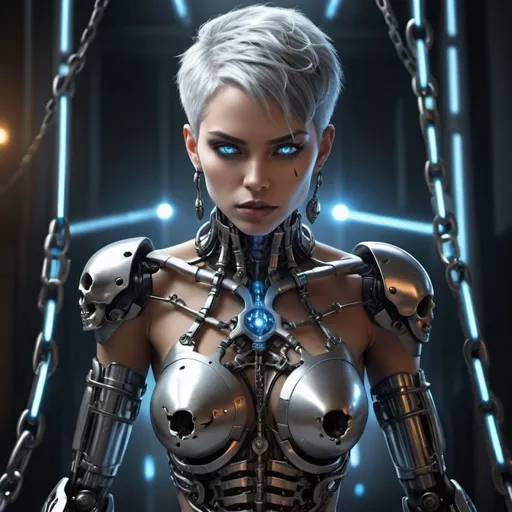 Prompt: In this breathtaking masterpiece of unparalleled quality and ultra-detailed rendering, a strikingly cool and augmented cyborg woman takes center stage. With a powerful and muscular black body, she exudes an air of superhuman strength. Her pale face, contrasted by her black exoskeleton, adds an otherworldly aura to her appearance.
Her short gray hair is adorned with a unique skull hair ornament, emphasizing her villainous persona. Glowing blue eyes capture the viewer's attention, while her expression of surprise, complete with an open mouth, suggests a sudden shift in her environment or emotions.
Restrained by chains and a tight cage, the cyborg's immense power is temporarily contained, hinting at an underlying narrative of struggle and defiance. Her armor, decorated with skulls, further enhances her menacing presence. Despite her restraints, she manages to crush a skull in her grip, showcasing her incredible strength.
The setting is a dazzling disco, bathed in brilliant, sparkling lights that evoke the vibrant atmosphere of a party. The cyborg woman is positioned on a stage, becoming the mesmerizing centerpiece of this lively scene. The overall composition seamlessly blends elements of science fiction and nightlife, resulting in an unforgettable visual experience that captivates the viewer's imagination.