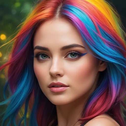 Prompt: Craft a breathtaking digital artwork of a stunning woman with flowing, rainbow-colored hair, using vibrant and saturated colors to evoke a fantasy-like atmosphere. Employ digital airbrush painting techniques for a rich and artistic representation, focusing on a wide shot with sharp focus and high detail. Create a captivating, cinematic scene with realistic textures, intricate background, and dramatic lighting. Ensure a masterpiece quality with high contrast and best illumination for an enchanting, AI-generated piece. Incorporate anime elements and vibrant colors for a visually striking fusion of fantasy and artistry, capturing the woman's ethereal beauty as her hair blows in the wind.