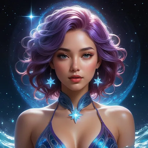Prompt: Create a breathtaking, hyperrealistic fantasy digital painting that beautifully merges two captivating concepts. At the center of the composition, a gorgeous purple-haired woman with a star cluster in her hair is dressed in an elegant, flowing blue dress, embodying the essence of digital fantasy art. Drawing inspiration from renowned artists Artgerm, Loish, and WLOP, this enchanting fusion extends to her portrayal as a cyborg goddess, with intricate cybernetic details seamlessly integrated into her ethereal appearance.
As she serenely floats within a tranquil pool of water, her celestial presence is further enhanced by the intricate details of her cybernetic enhancements, reflecting the starlight and casting mesmerizing patterns of light and shadow. Her captivating beauty and ethereal presence evoke a sense of wonder and awe, as her elegant, flowing red swimsuit perfectly complements her celestial aura.
Utilize a symmetrical composition that emphasizes balance and harmony, with a focus on intricate details, realistic textures, and a striking contrast between the warm red tones of her swimsuit and the cool blues of her cosmic surroundings. The digital painting should showcase the fusion of fantasy and technology, creating a visually stunning portrayal of a cyborg goddess that transcends earthly limitations.
Drawing from hyperrealistic art styles, create a piece that captivates the viewer with its attention to detail and evokes a strong emotional response. Employ dramatic lighting and shadows to further enhance the depth and dimension of the scene, ensuring that the final artwork is a breathtaking celebration of beauty, fantasy, and celestial wonder.