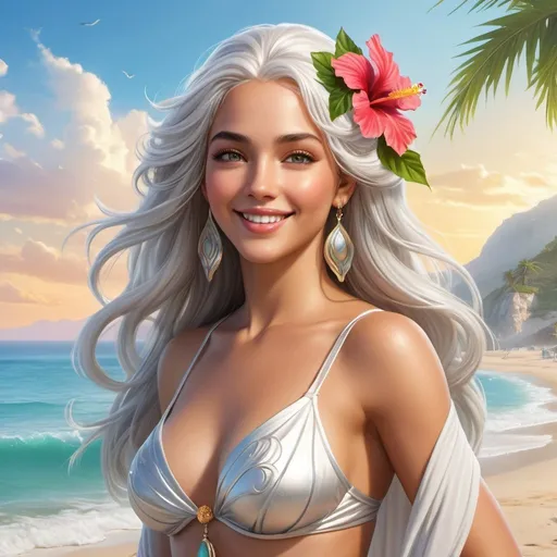 Prompt: Create a high-quality, full-color digital painting of a beautiful 2000-year-old goddess at the beach. Render her with detailed skin, eyes, and a charming smile. She has long silver hair with hibiscus ornaments, wearing white beachwear, and a wet T-shirt. Include summer elements, vibrant lighting, and reflections for a visually captivating scene.
