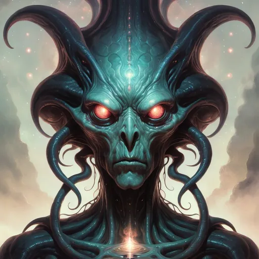 Prompt: a painting of a giant alien creature with glowing eyes, amazing space creature 4 k, cosmic horror creature, portrait of cthulhu, portrait of a mind flayer, symmetrical epic fantasy art, eldritch god, epic fantasy digital art style, dan mumford tom bagshaw, in the style dan mumford artwork, demonic creature, portre of a psyschonaut demon