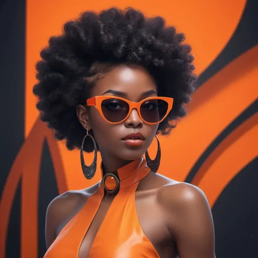 Prompt: In this striking close-up, a woman of captivating beauty gazes out, embodying the essence of Afrofuturistic style. Her light, wavy hair is styled in large curls, each lock meticulously adorned with a bold black and orange bow, adding a touch of vibrant whimsy to her appearance.
Her eyes are shielded by a pair of sleek orange-tinted sunglasses, their lenses reflecting a world of possibilities, while her lips are painted a bold orange hue, complementing the sunglasses and adding a sense of unity to her overall look.
Dressed in a daring, low-cut halter top, she exudes confidence and strength. The orange and black color palette serves to enhance her radiant complexion, while black tassel earrings and a matching choker add an air of elegance and mystique.
Set against a rich gradient of red hues, the background serves to amplify the vibrancy of her ensemble, evoking a sense of energy and movement that mirrors the dynamic spirit of Afrofuturism. This beautiful digital artwork, reminiscent of Rossdraws' distinctive style and the trending Black girl superheroes on CGSociety, showcases the power and beauty of Afrofuturistic fashion in a captivating 3D render character art.
The woman's striking appearance, characterized by her Afro-futurist style, bold color choices, and eye-catching accessories, commands attention and inspires awe, immersing the viewer in a world that seamlessly blends futuristic elements with the rich cultural heritage of the African diaspora.