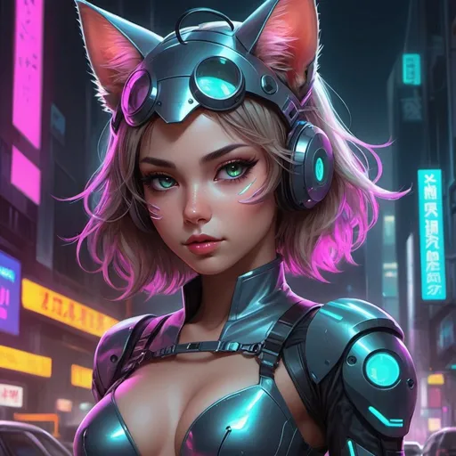 Prompt: A highly detailed and visually stunning illustration in the style of renowned artist Artgerm. The subject is an enchanting and alluring anime catgirl with adorable features like cute cat ears, a pert nose, and big expressive eyes. She has an attractive, youthful face with subtle makeup accentuating her features.
Her cyberpunk-inspired uniform blends futuristic technology with fashionable style. It could incorporate sleek metallic elements, vibrant neon highlights, and intricate technical details like circuits or holograms. The uniform should hug her lithe, feminine form enticingly while allowing for movement.
The catgirl's pose and expression should exude a duality of cute charm and quiet confidence. Perhaps she is caught in a dynamic action pose, looking over her shoulder mischievously with one hand on her cocked hip. Vibrant neon lights and a gritty cyberpunk cityscape could fill the background.
Render this irresistible cyber catgirl illustration with Artgerm's mastery of detail, color, and form. Use intricate line work, bold colors, dramatic lighting, and subtle textures to bring maximum impact and allure.
