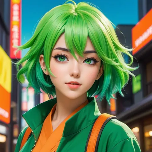 Prompt: Create a vibrant, eye-catching anime-style artwork featuring a captivating female character with striking green hair and mesmerizing green eyes that complement her bold, green jacket. Her confident gaze connects with the viewer as her short hair frames her face, emphasizing her unique and expressive lips.
Surrounded by a colorful, energetic background, this green-haired protagonist exudes a sense of style and individuality. An orange belt adds a contrasting accent, highlighting her distinct fashion sense and the attention to detail in her design.
The overall aesthetic evokes the feel of a promotional art poster for an animated series or film, inviting viewers into a visually exciting and imaginative world. This character's self-assured presence and stylish appearance hint at her engaging personality and potential adventures, making her an intriguing focal point for fans of anime and graphic art alike.