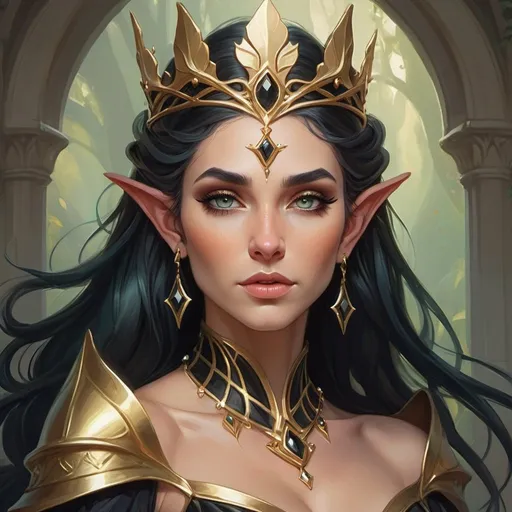 Prompt: Create a portrait of an elegant elf queen in a gold and black dress with a crown, inspired by Peter Mohrbacher and Artgerm's styles. Set in a fantasy environment, emphasize her captivating beauty and majestic aura. Use vibrant colors and intricate details for a cinematic, high-quality fantasy art piece worthy of a powerful elven ruler.

