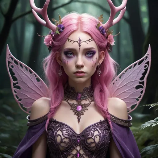 Prompt: Create a concept art depicting a cursed fairy character with striking pink hair, elegant antlers, and captivating purple eyes. Design her outfit with a blend of organic and mystical elements, featuring ornate patterns, flowing fabrics, and magical runes that hint at her cursed nature. Set the scene in a dark, enchanting forest with mysterious, glowing flora and fauna, enhancing the mystical atmosphere. Capture the character's emotional struggle, portraying a mix of pain, defiance, and a yearning for freedom from her curse through her expression and body language.