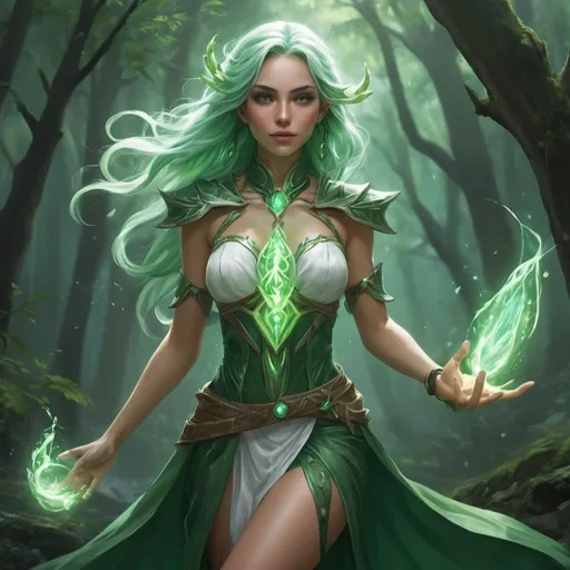 Prompt: Draw a captivating female earth mage with flowing green hair, donning a sleek, glowing white dress that resonates with her elemental power. Emphasize her enchanting beauty and magical aura by incorporating a radiant green aura. Channel inspirations from elf queen Nissa Genesis Mage, combining elements of a fey queen and forest dryad to create an ethereal fantasy character. Embellish her with a glowing green soul blade and a liquid glowing aura, reflecting her deep connection with nature. Craft an epic mage girl character that epitomizes the essence of a powerful goddess of nature, utilizing intricate details and vibrant colors for an otherworldly spirit fantasy concept art.

