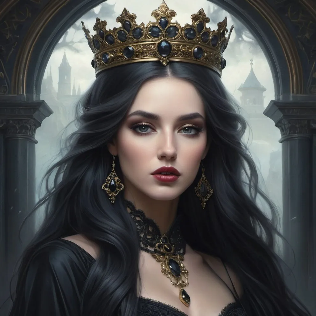 Prompt: Create a highly detailed, dark fantasy-style digital illustration of a woman with long, flowing hair adorned with a regal crown, reminiscent of a Gothic oil painting. Blend elements of dark fantasy art and Art Nouveau, drawing inspiration from artists Tom Bagshaw and Donato Giancola. Depict the woman as a powerful and enigmatic figure, evoking the essence of Persephone, the Goddess of Death. Incorporate intricate details and a dark, moody color palette, capturing a sense of mystery and allure. Ensure your illustration showcases the fusion of these artistic influences, resulting in a captivating and visually stunning portrayal of this dark, Gothic queen.